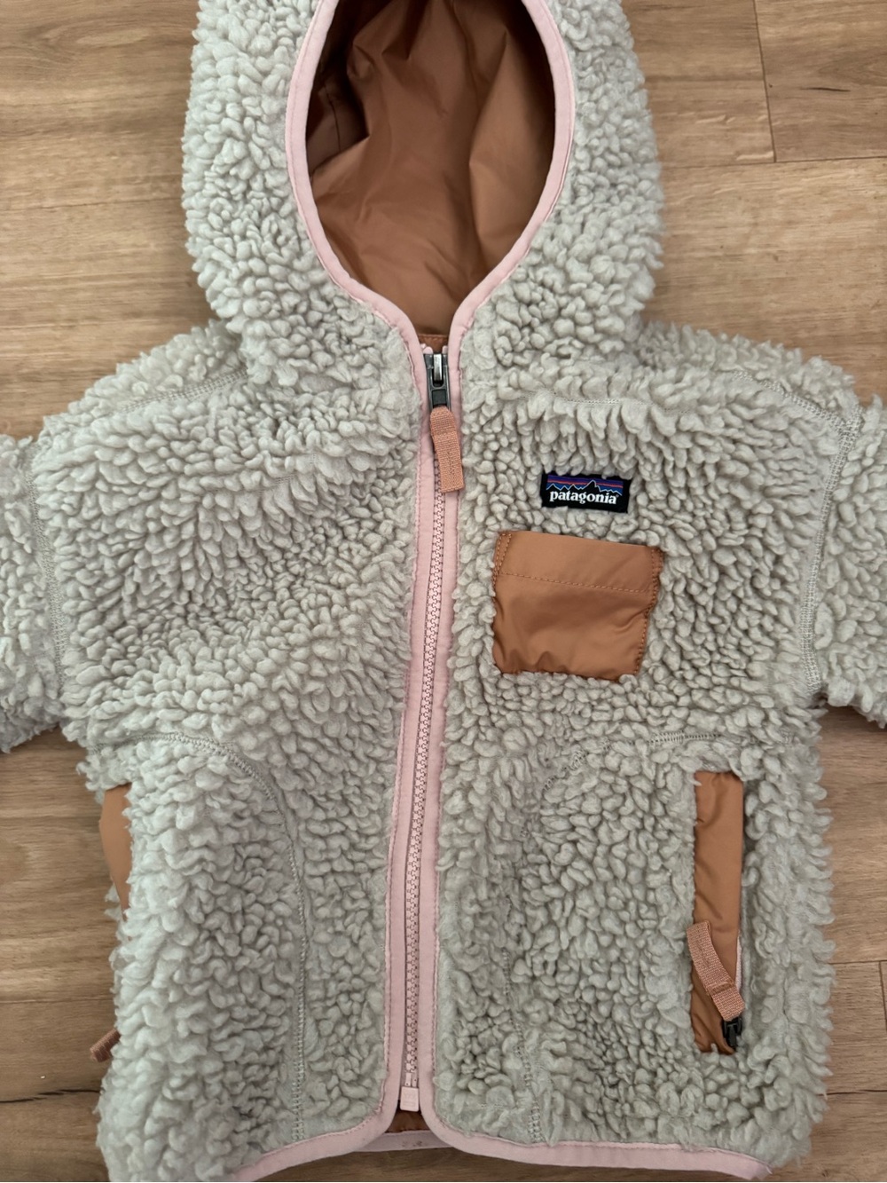 Patagonia Cream Sherpa Hoodie with Pink Trim and Tan Accents - Sz 12-18 mo